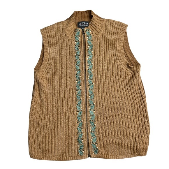 Woolrich Carmel Colored‎ Zip up Knit Sweater Vest with Leaf embroidery size M - Picture 1 of 9